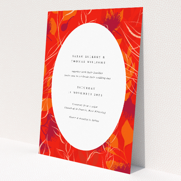 Abstract Florals Autumn Wedding Invitation A5 - Warm, fiery hues capture the essence of autumn in this elegant wedding invitation design framed by abstract flowers in shades of red, orange, and yellow This image shows the front and back sides together