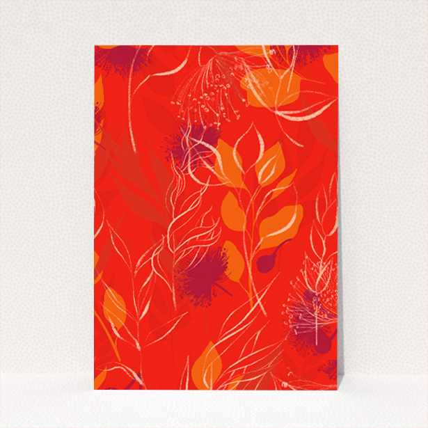 Abstract Florals Autumn Wedding Invitation A5 - Warm, fiery hues capture the essence of autumn in this elegant wedding invitation design framed by abstract flowers in shades of red, orange, and yellow This image shows the front and back sides together