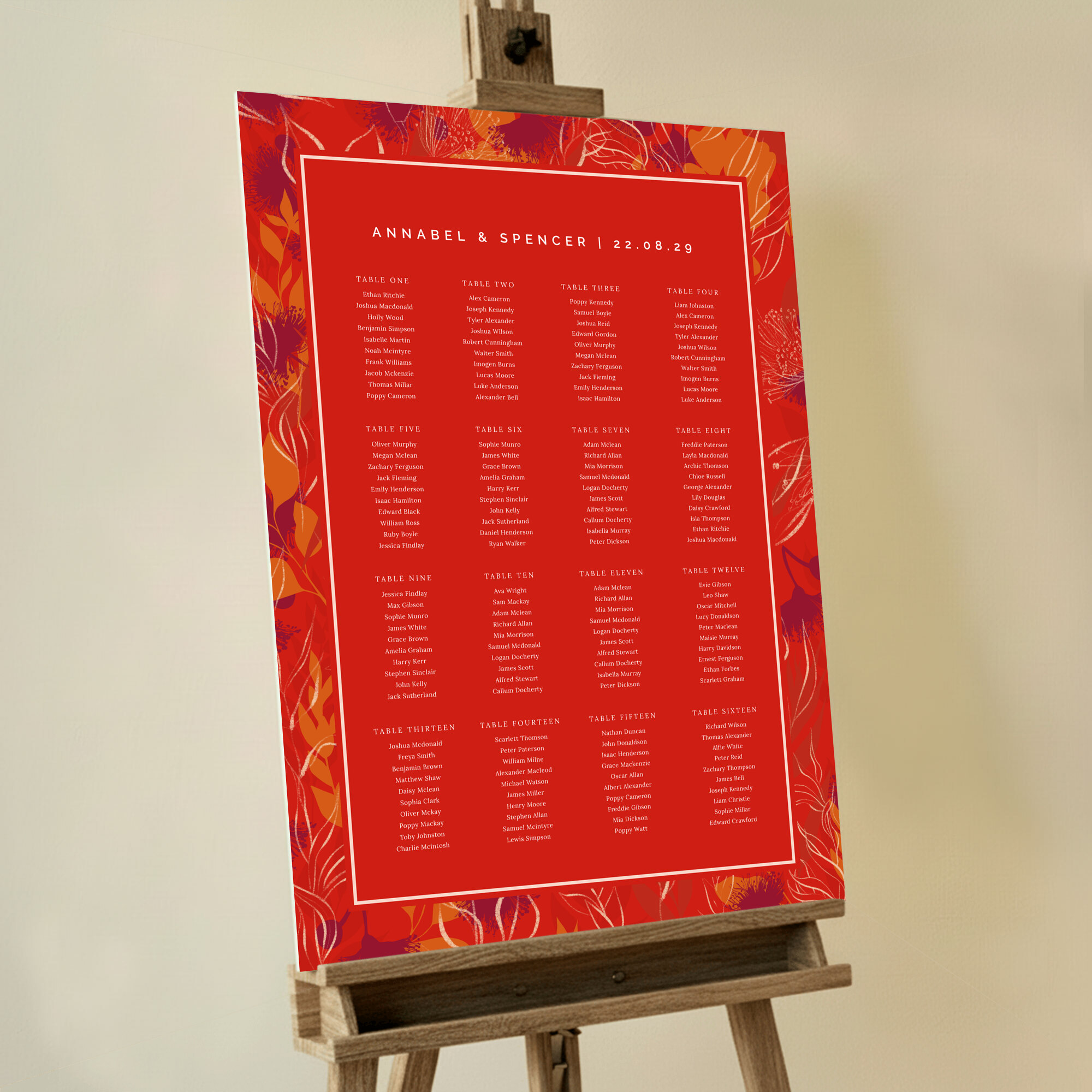 Custom Abstract Florals Seating Plans featuring a striking and bold design with an abstract orange and white botanic and floral pattern on a bold red background, adding artistic flair and a unique touch to your wedding day.. This design has 16 tables.