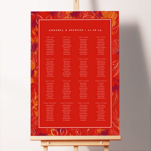 Custom Abstract Florals Seating Plans featuring a striking and bold design with an abstract orange and white botanic and floral pattern on a bold red background, adding artistic flair and a unique touch to your wedding day.. This design has 16 tables.