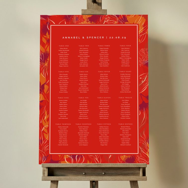 Custom Abstract Florals Seating Plans featuring a striking and bold design with an abstract orange and white botanic and floral pattern on a bold red background, adding artistic flair and a unique touch to your wedding day.. This design has 16 tables.