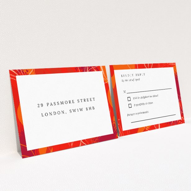 RSVP card template with abstract floral design inspired by autumn hues, perfect for modern and sophisticated wedding stationery. This is a view of the back