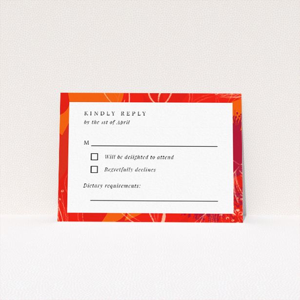 RSVP card template with abstract floral design inspired by autumn hues, perfect for modern and sophisticated wedding stationery. This is a view of the front