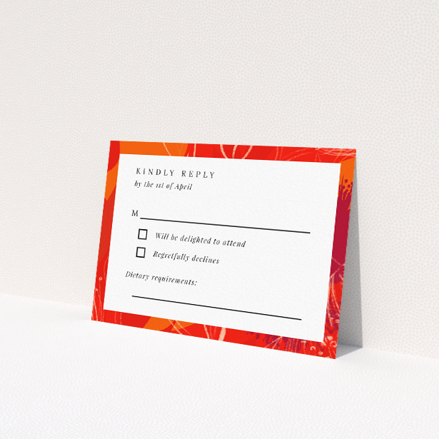RSVP card template with abstract floral design inspired by autumn hues, perfect for modern and sophisticated wedding stationery. This is a view of the front