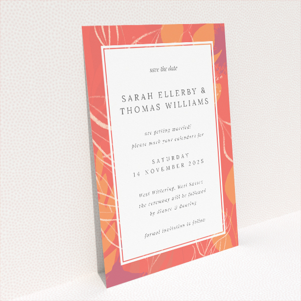 Abstract Florals Save the Date card - A6 portrait-oriented design with energetic abstract floral patterns in bold shades of red and orange, promising a vibrant and festive celebration of love This is a view of the back