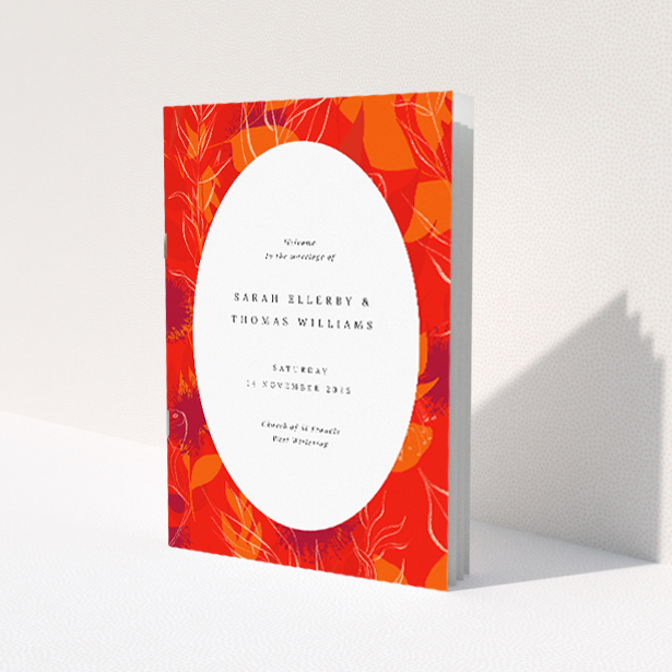Abstract Florals Wedding Order of Service A5 booklet featuring vibrant red and orange hues with stylised botanical patterns on the cover This is a view of the front