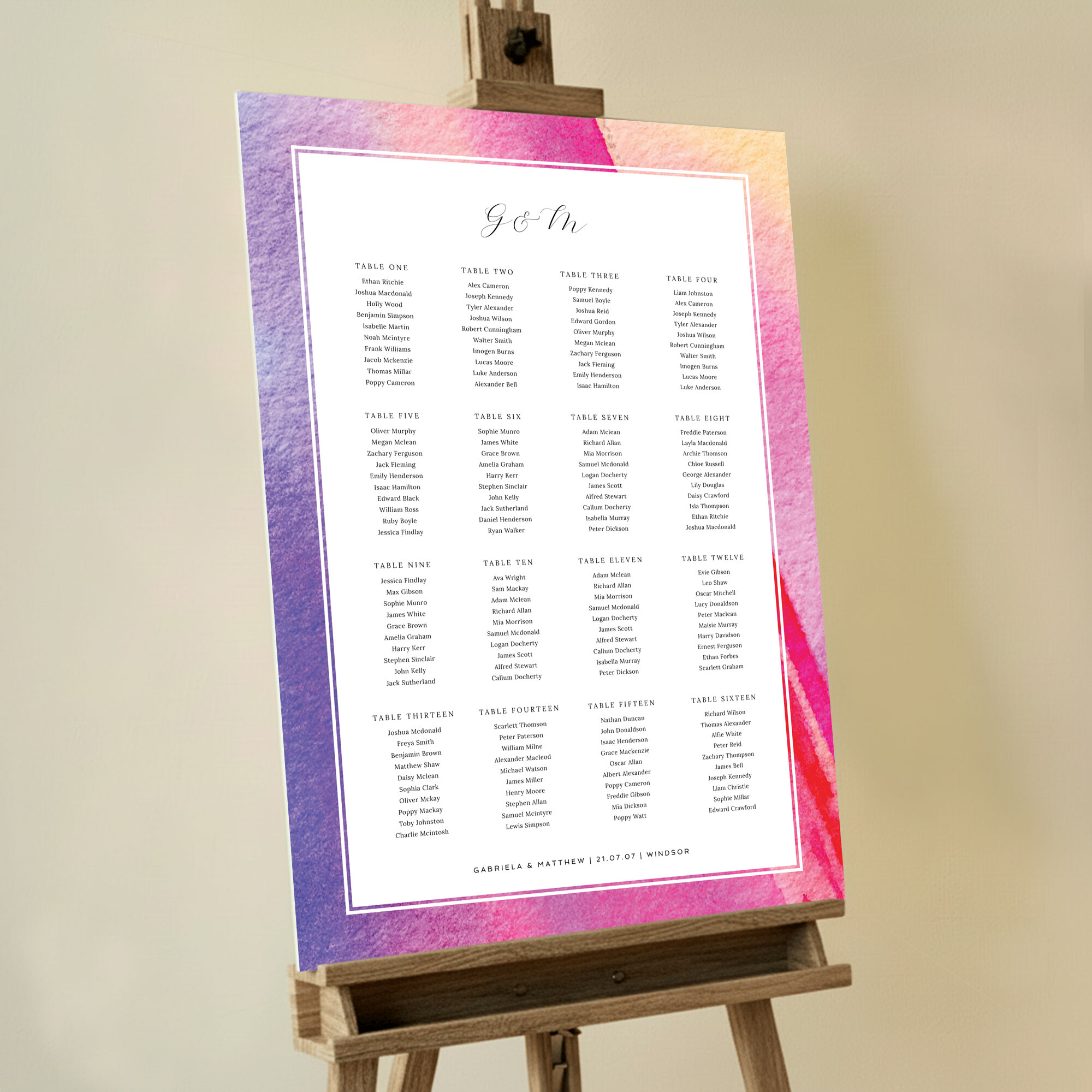 Custom Seating Charts - Abstract Pink Watercolour, a vibrant and playful seating plan design with a background of pink, purple, and orange, adding a splash of colour and modernity to your event, leaving a lasting impression on your guests.. This template has 16 tables.
