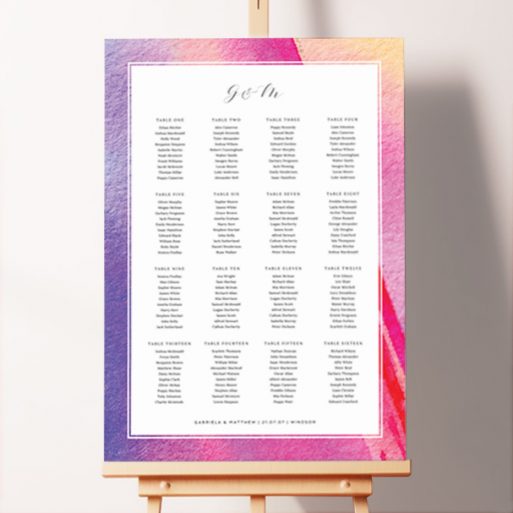 Custom Seating Charts - Abstract Pink Watercolour, a vibrant and playful seating plan design with a background of pink, purple, and orange, adding a splash of colour and modernity to your event, leaving a lasting impression on your guests.. This template has 16 tables.