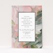 Academy Brushwork A5 wedding invitation with pastel brushstroke background and elegant font in black border. This is a view of the front