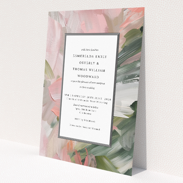 Academy Brushwork A5 wedding invitation with pastel brushstroke background and elegant font in black border. This is a view of the front