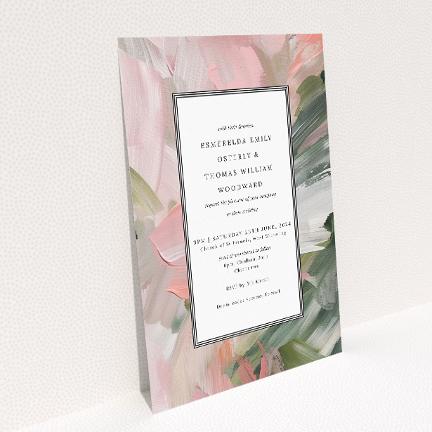 Academy Brushwork A5 wedding invitation with pastel brushstroke background and elegant font in black border. This image shows the front and back sides together