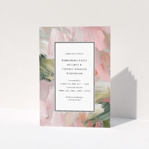 Utterly Printable Academy Brushwork Wedding Order of Service A5 Portrait Booklet - Soft Pastel Brushstrokes in Pink, Green, and Cream with Clean Black Border. This is a view of the front