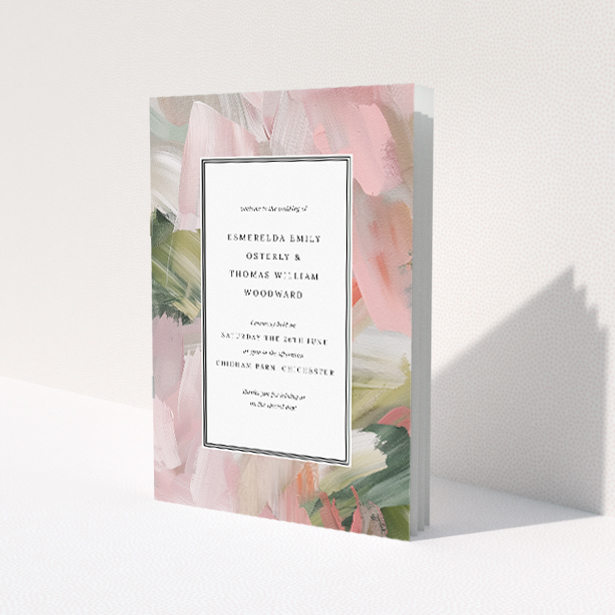 Utterly Printable Academy Brushwork Wedding Order of Service A5 Portrait Booklet - Soft Pastel Brushstrokes in Pink, Green, and Cream with Clean Black Border. This image shows the front and back sides together