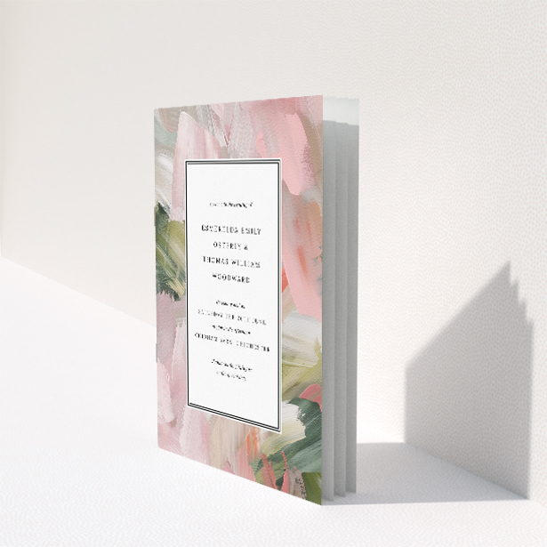 Utterly Printable Academy Brushwork Wedding Order of Service A5 Portrait Booklet - Soft Pastel Brushstrokes in Pink, Green, and Cream with Clean Black Border. This image shows the front and back sides together