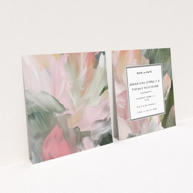 Academy Brushwork wedding save the date card featuring textured background with soft abstract brushstrokes in pastel hues. This image shows the front and back sides together