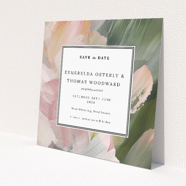 Academy Brushwork wedding save the date card featuring textured background with soft abstract brushstrokes in pastel hues. This is a view of the front