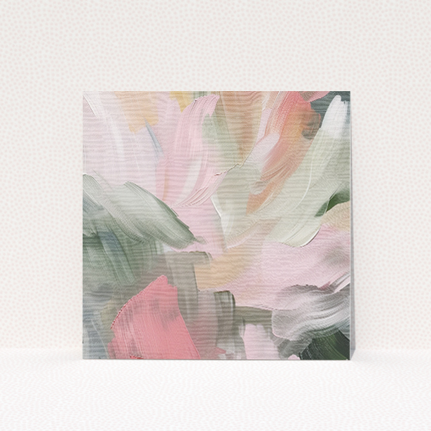 Academy Brushwork wedding save the date card featuring textured background with soft abstract brushstrokes in pastel hues. This image shows the front and back sides together
