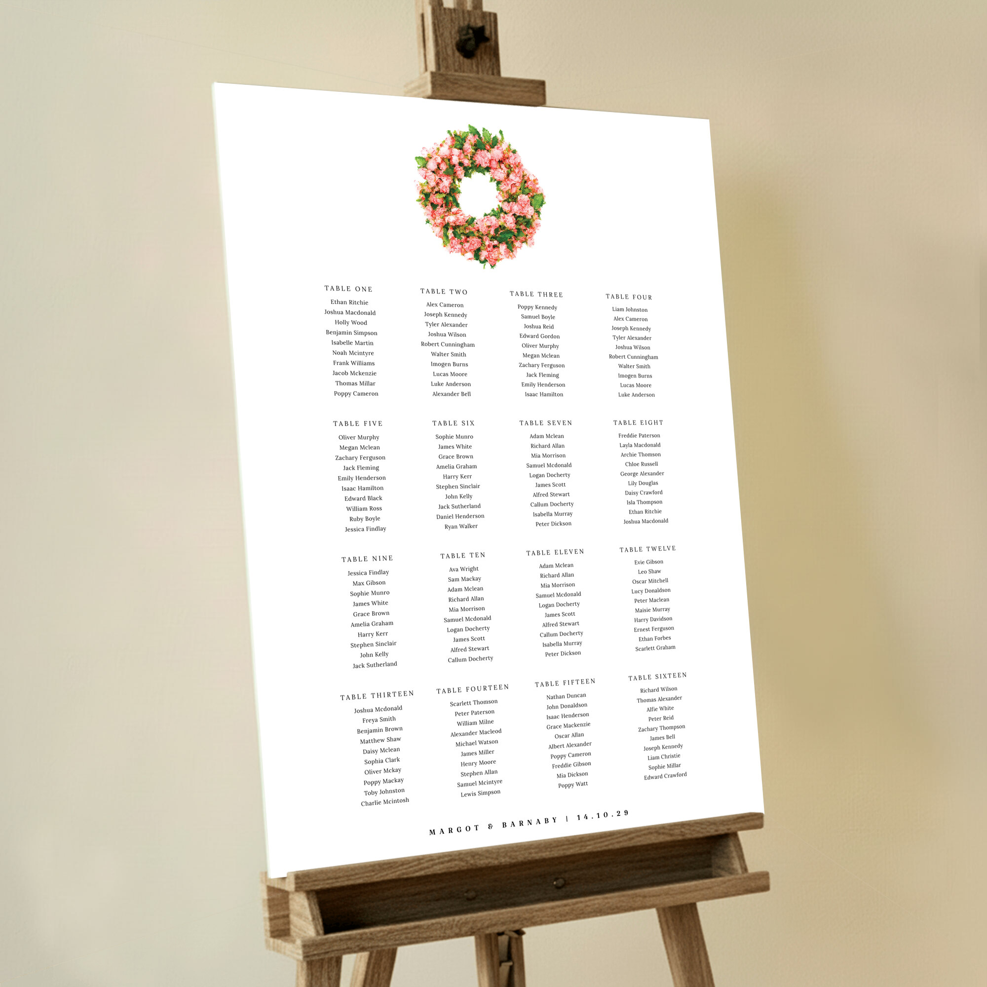 Custom Acrylic Wreath Seating Arrangements featuring a seating plan design with a watercolour-painted green and pink floral wreath at the top centre, exuding straightforward charm and delicate floral accents, making it an elegant choice for any event.. This template is formatted for 16 tables.