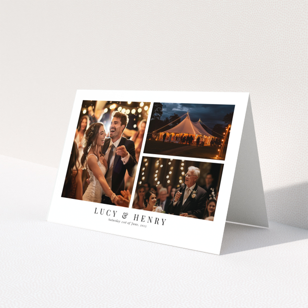 Personalised wedding invitation with three photos including a couple dancing, a tent venue, and a speech.