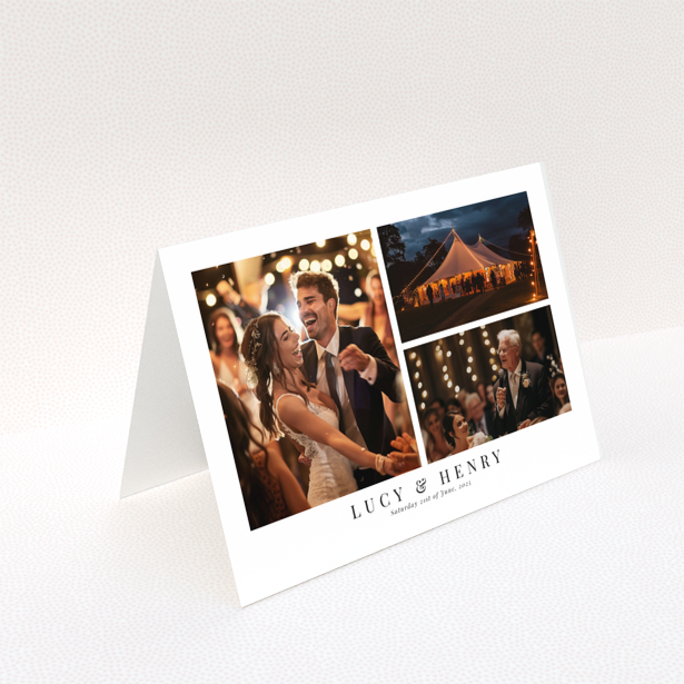 Personalised wedding invitation with three photos including a couple dancing, a tent venue, and a speech.