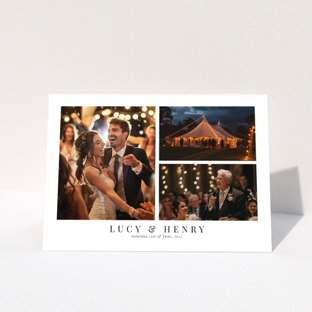 Personalised wedding invitation with three photos including a couple dancing, a tent venue, and a speech.