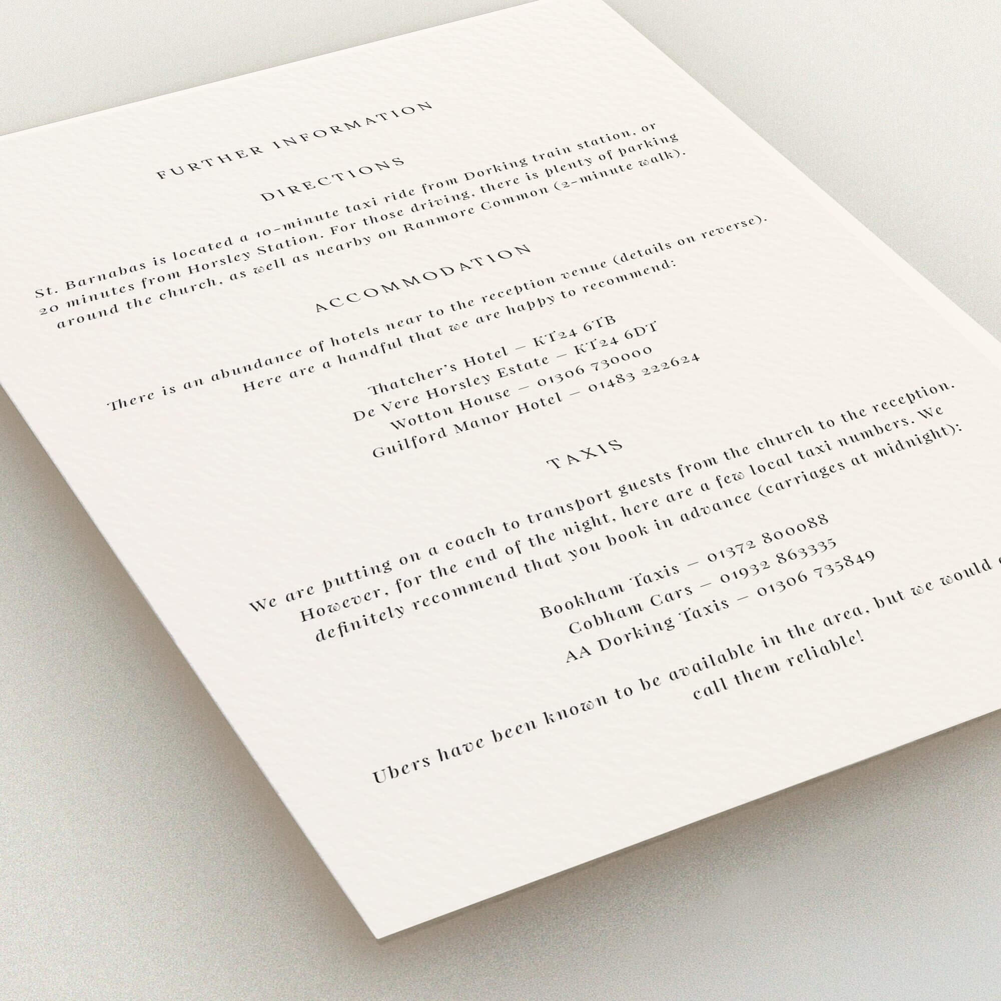 Wedding invitation design with accommodation and taxi information on a cream background with no photos