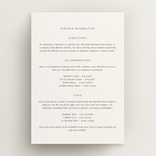 Wedding invitation design with accommodation and taxi information on a cream background with no photos