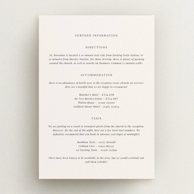 Wedding invitation design with accommodation and taxi information on a cream background with no photos