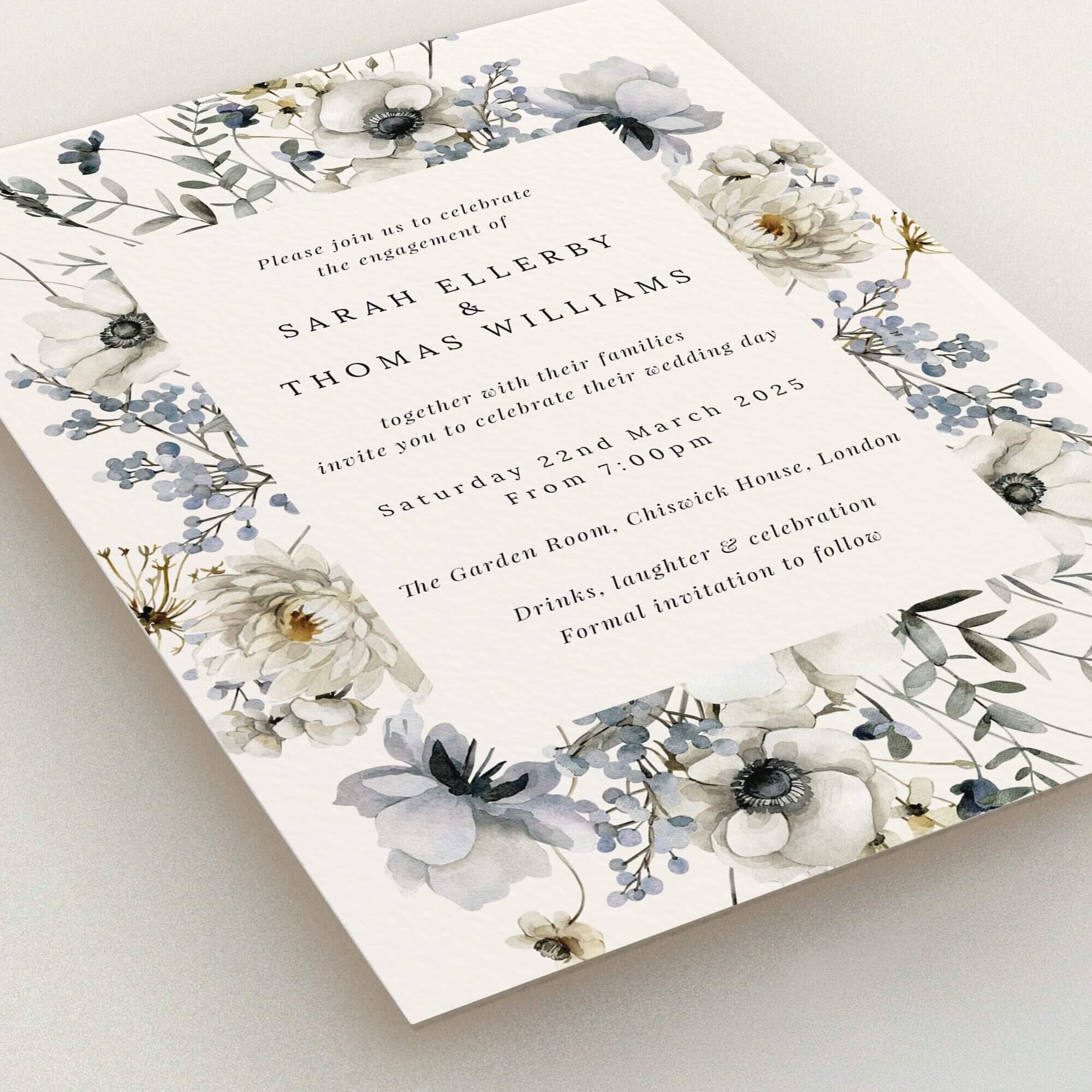Floral engagement party invitations with elegant design and no photos.
