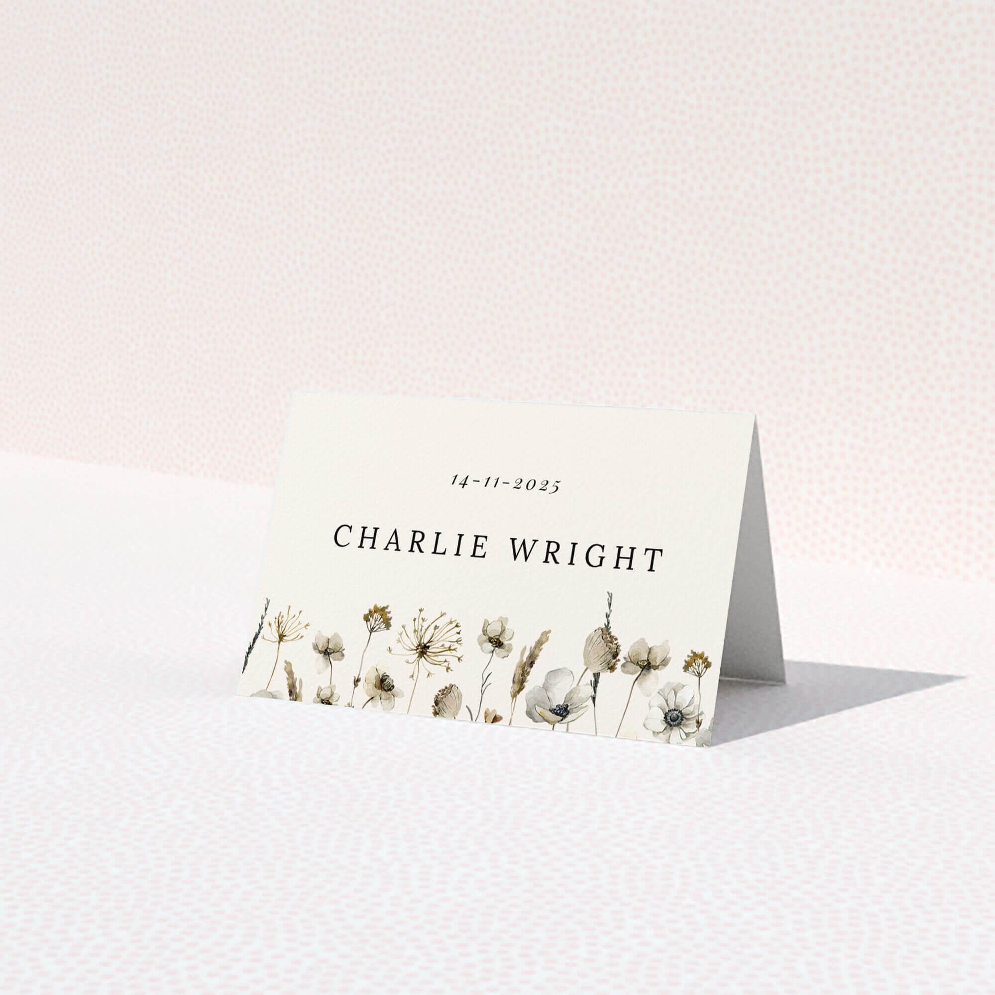 Floral wedding table place card with elegant design and no photos.