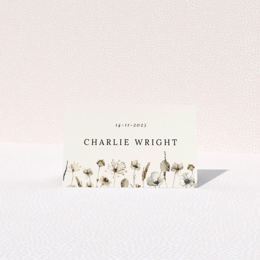 Floral wedding table place card with elegant design and no photos.