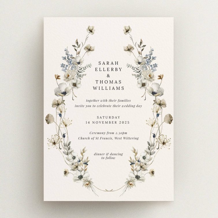 Elegant floral wedding invitation design with no photos, featuring delicate botanical illustrations.