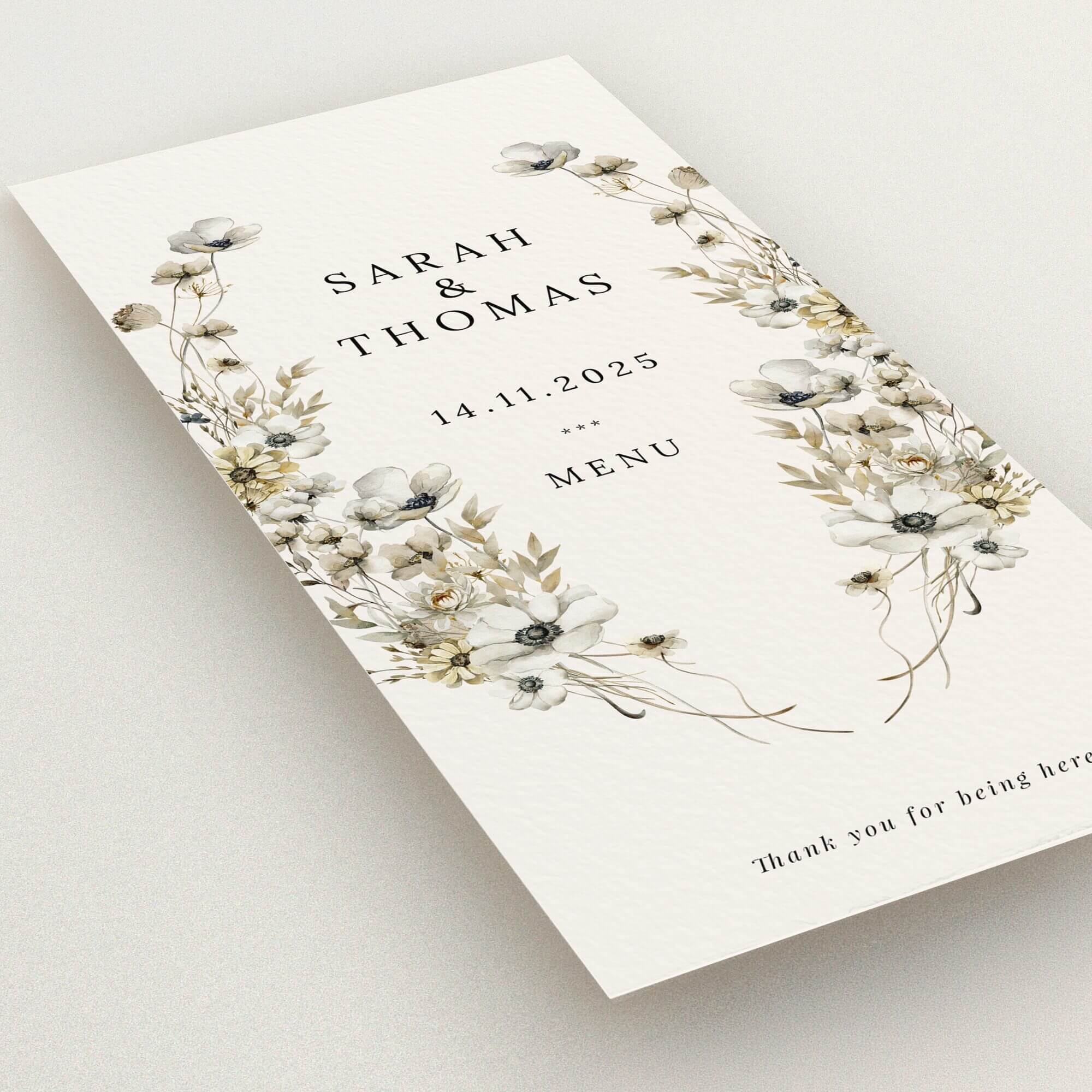 Floral wedding menu card design with elegant typography and decorative elements, no photos included.