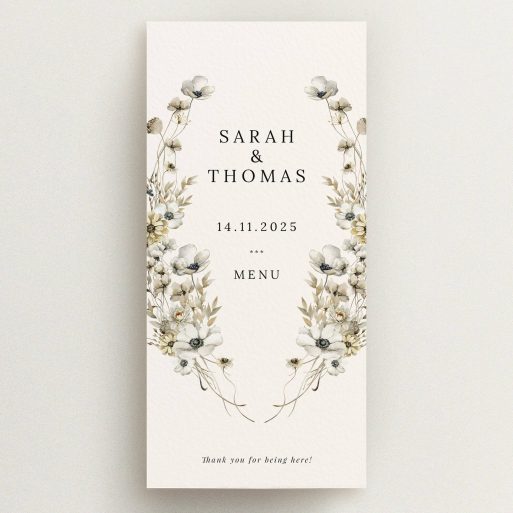 Floral wedding menu card design with elegant typography and decorative elements, no photos included.