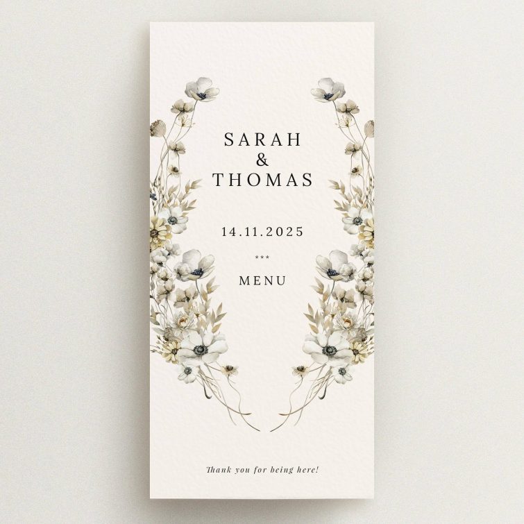 Floral wedding menu card design with elegant typography and decorative elements, no photos included.