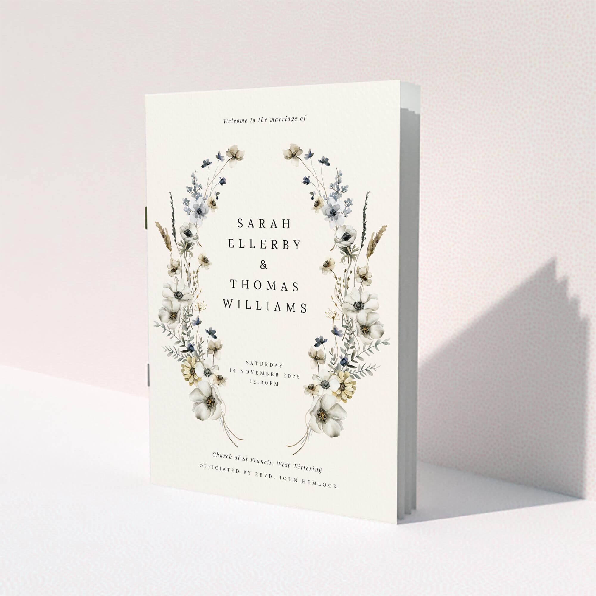 Floral wedding order of service programme with elegant botanical design, no photos.