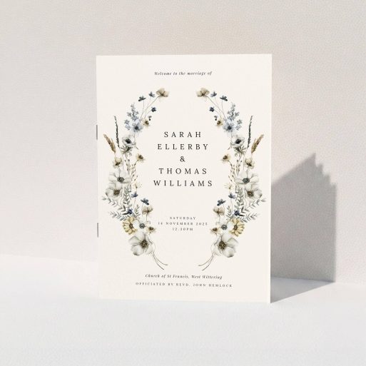 Floral wedding order of service programme with elegant botanical design, no photos.