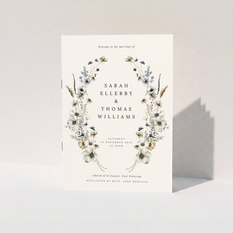 Floral wedding order of service programme with elegant botanical design, no photos.