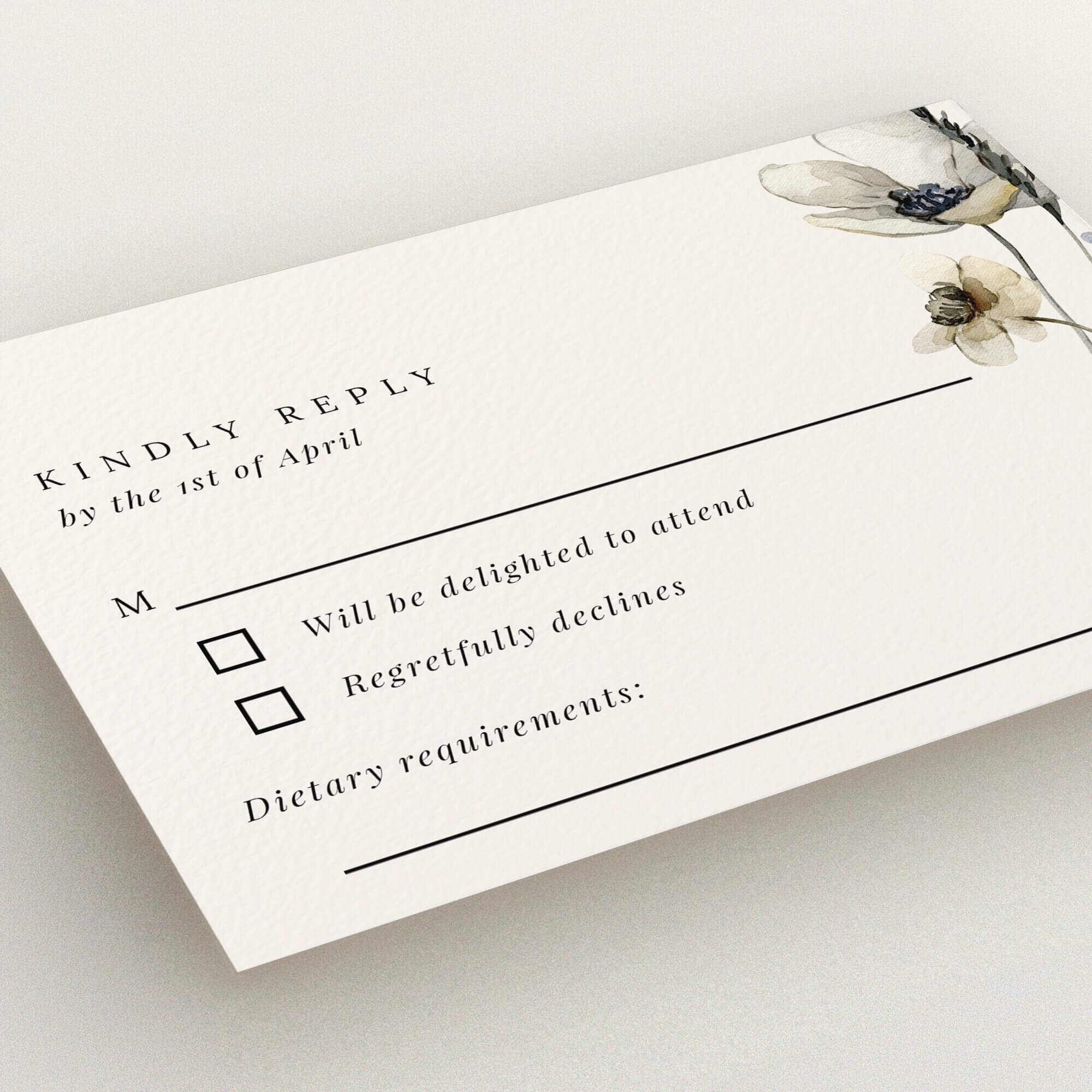 Elegant floral wedding RSVP card design with one decorative flower illustration for personalised invitations