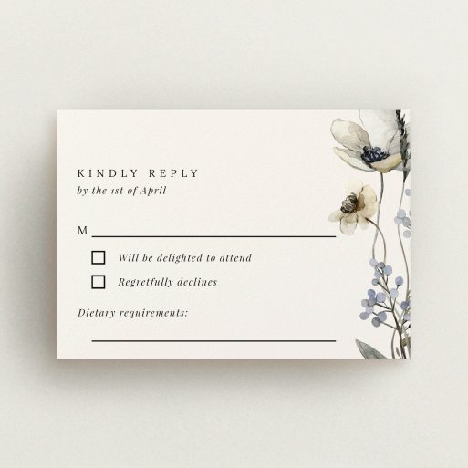 Elegant floral wedding RSVP card design with one decorative flower illustration for personalised invitations