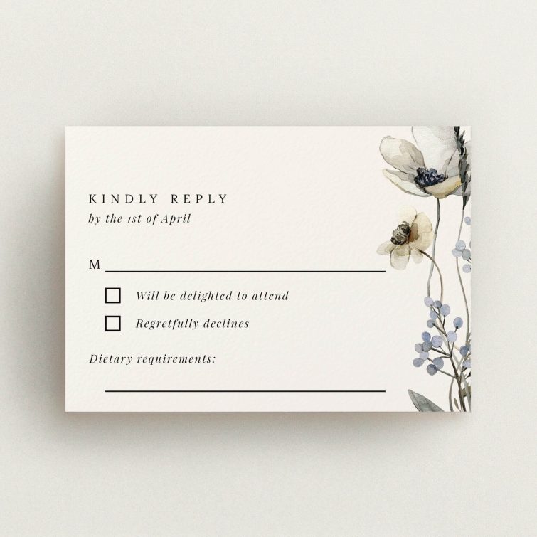 Elegant floral wedding RSVP card design with one decorative flower illustration for personalised invitations