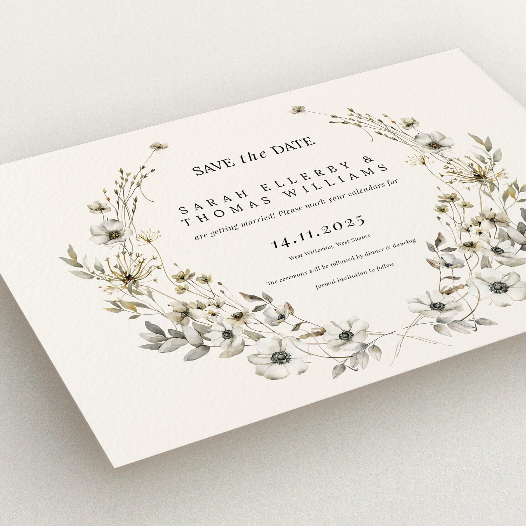 Elegant floral wedding save the date card with no photos.