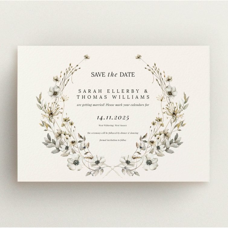 Elegant floral wedding save the date card with no photos.