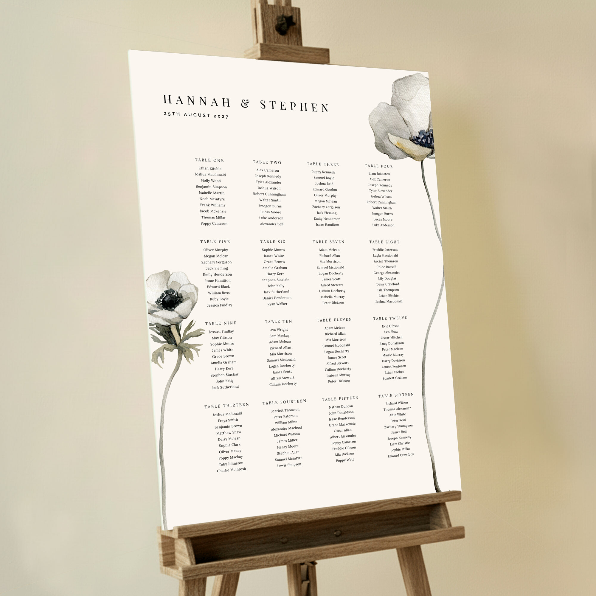 Elegant floral-themed wedding table plan design with three decorative photos. This one shows 16 tables.