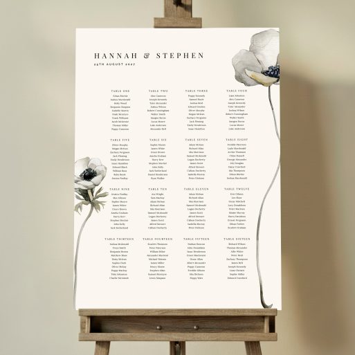 Elegant floral-themed wedding table plan design with three decorative photos. This one shows 16 tables.