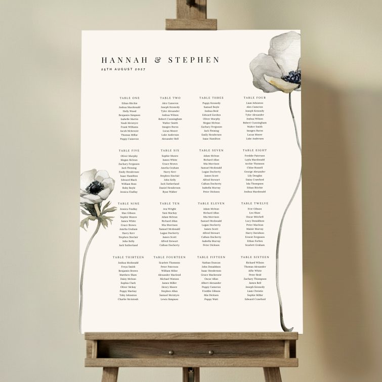 Elegant floral-themed wedding table plan design with three decorative photos. This one shows 16 tables.