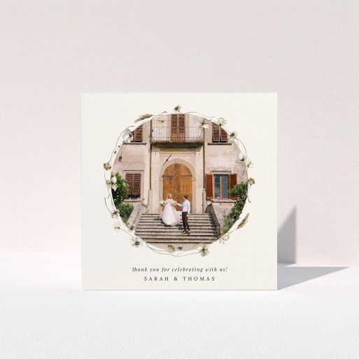 Elegant Wedding Card Elegant wedding thank you card with floral border and one photo of a couple on steps.
