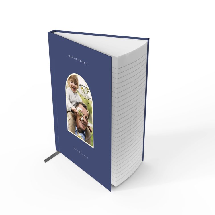 Blue personalised portrait notebook design with one photo on the cover, perfect for custom gifts by Utterly Printable.