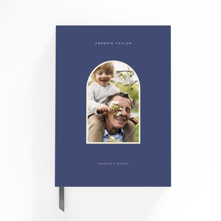 Blue personalised portrait notebook design with one photo on the cover, perfect for custom gifts by Utterly Printable.