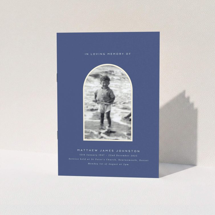Funeral order of service programme design with one photo in a navy blue theme.